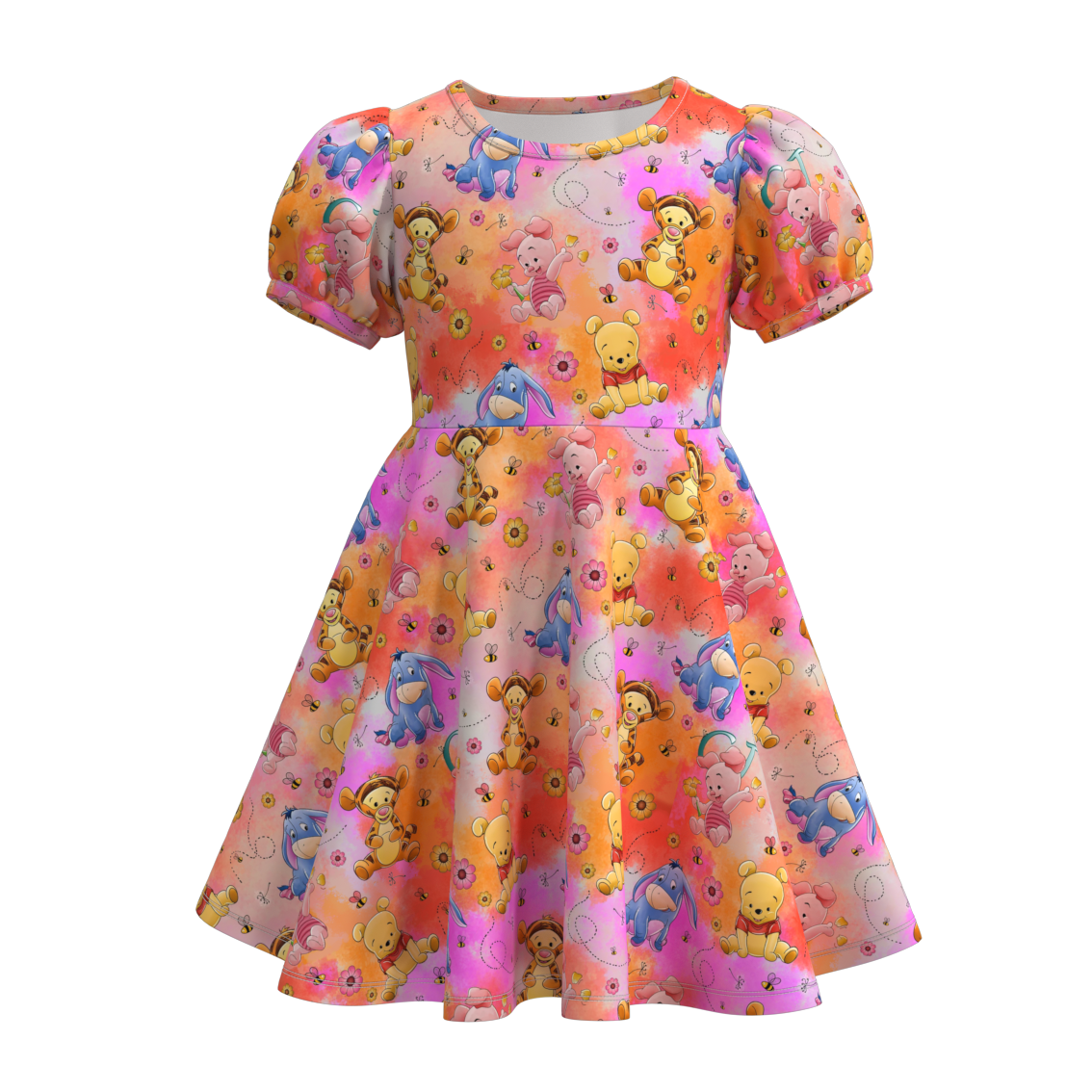 (Custom Design Preorder MOQ 5) Cartoon Bear Tie-dye Print Girls Knee Length Summer Dress