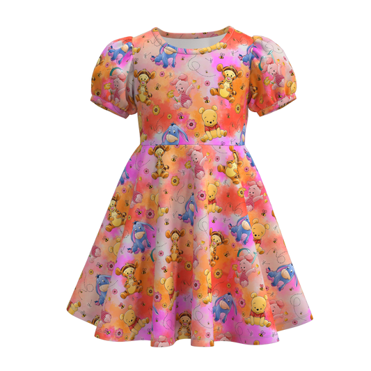 (Custom Design Preorder MOQ 5) Cartoon Bear Tie-dye Print Girls Knee Length Summer Dress