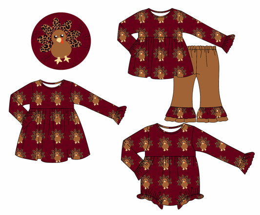 7.10(Custom Design Preorder MOQ 5 Each Design) Turkey Print Girls Thanksgiving Matching Clothes Sisters Wear