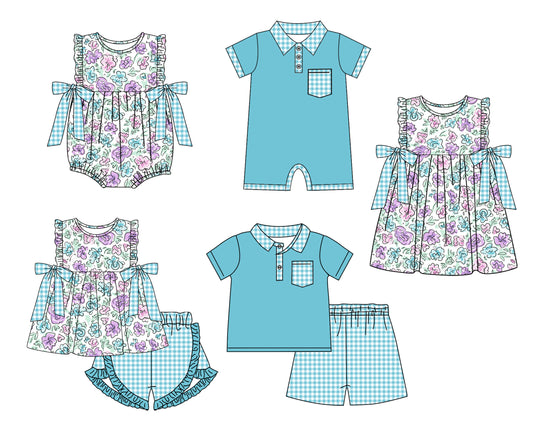 11.22(Custom Design Preorder MOQ 5 Each Design) Purple Flowers Blue Plaid Print Kids Summer Matching Clothes Sibling Wear