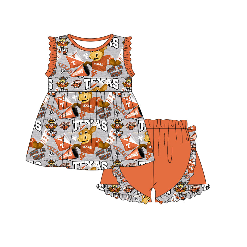 (Custom Design Preorder MOQ 5) Team's Texas Longhorns Grey Print Girls Summer Clothes Set