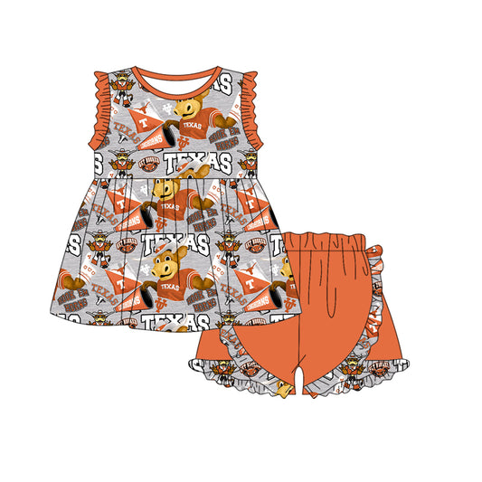 (Custom Design Preorder MOQ 5) Team's Texas Longhorns Grey Print Girls Summer Clothes Set