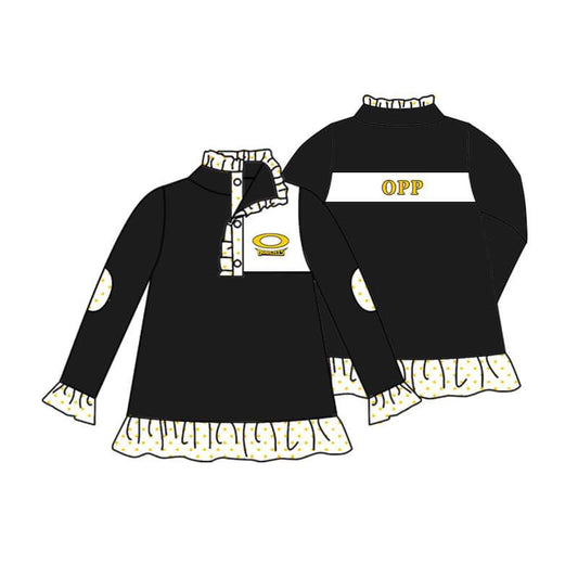 (Custom Design Preorder MOQ 5) OPP Black Print Girls Long Sleeve Pullover Buttons Tops