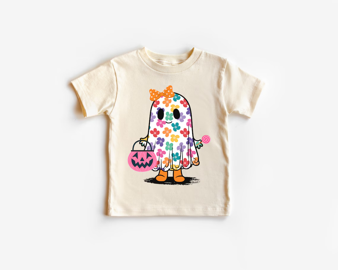 (Custom Design Preorder MOQ 5) Ghost Pumpkin Flowers Print Girls Halloween Tee Shirts Top