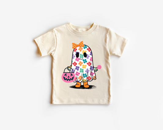 (Custom Design Preorder MOQ 5) Ghost Pumpkin Flowers Print Girls Halloween Tee Shirts Top