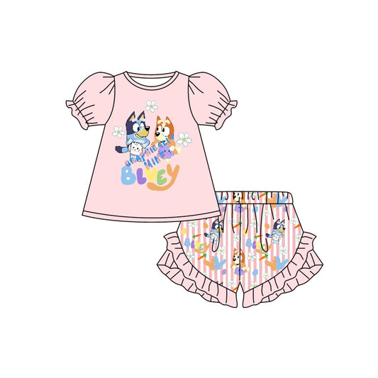 (Custom Design Preorder MOQ 5) Pink Flowers Carrot Cartoon Dog Shorts Girls Easter Clothes Set