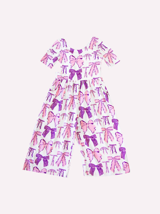 (Custom Design Preorder MOQ 5) Purple Bows Print Pockets Girls Swoop Back Short Sleeve Leggy Jumpsuits