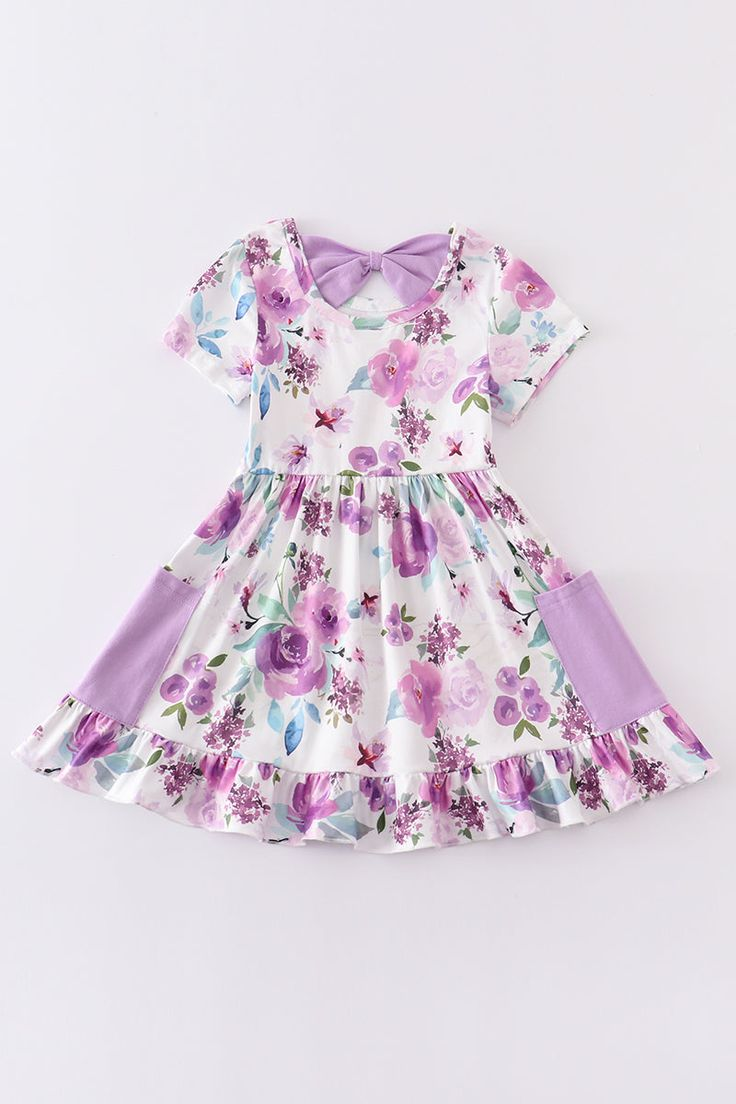 (Custom Design MOQ 5) Violet Flowers Print Pockets Girls Knee Length Dress