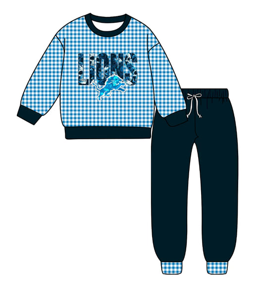 (Custom Design Preorder MOQ 5) Team's LIONS Plaid Print Navy Pants Kids Fall Clothes Set