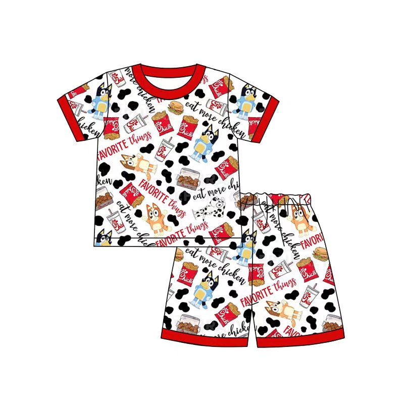 (Custom Design Preorder MOQ 5) Cartoon Dog Fried Print Shorts Kids Summer Pajamas Clothes Set