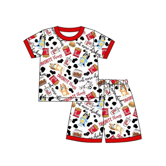 (Custom Design Preorder MOQ 5) Cartoon Dog Fried Print Shorts Kids Summer Pajamas Clothes Set