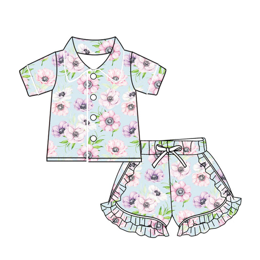 (Custom Design Preorder MOQ 5) Flowers Print Girls Summer Pajamas Clothes Set