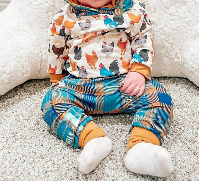 (Custom Design Preorder MOQ 5) Chicken Hoodie Top Plaid Pants Boys Fall Clothes Set