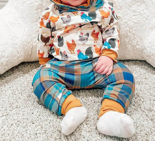 (Custom Design Preorder MOQ 5) Chicken Hoodie Top Plaid Pants Boys Fall Clothes Set