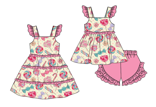 11.11(Custom Design Preorder MOQ 5 Each Design) Lollipop Print Girls Summer Matching Clothes Set Sisters Wear