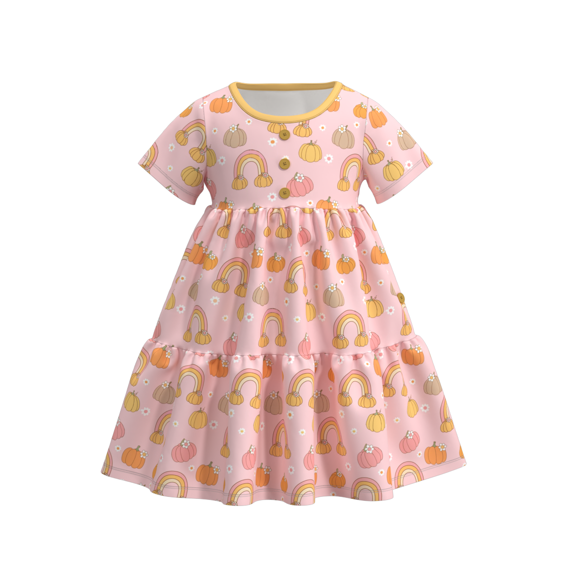 (Custom Design Preorder MOQ 5) Pumpkin Rainbow Print Girls Knee Length Fall Dress