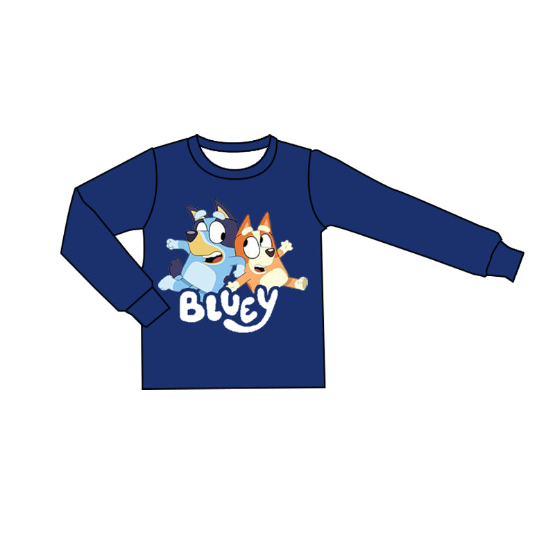 (Custom Design Preorder MOQ 5) Navy Cartoon Dog Boys Long Sleeve Tee Shirts Top