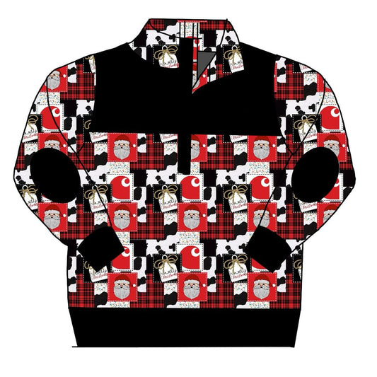(Custom Design Preorder MOQ 5) Santa Black Print Boys Christmas Western Zipper Pullover Top