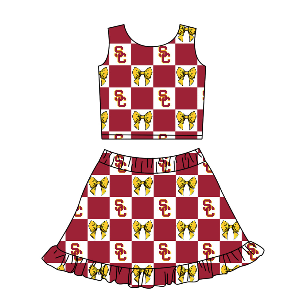 (Custom Design Preorder MOQ 5 Each Color) Team's USC Trjans Bows Plaid Print Girls Summer Clothes Sisters Matching Wear