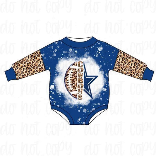 (Custom Design MOQ 5) Blue Leopard Football Team's Print Baby Romper