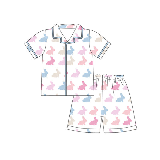 12.10 (Custom Design Preorder MOQ 5)  Bunny Print Girls Easter Buttons Pajamas Clothes Set