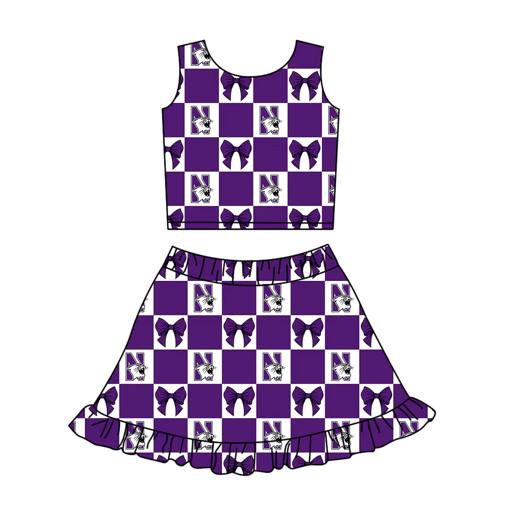 (Custom Design Preorder MOQ 5 Each Color) Team's Northwestern Wildcats Bows Plaid Print Girls Summer Clothes Sisters Matching Wear