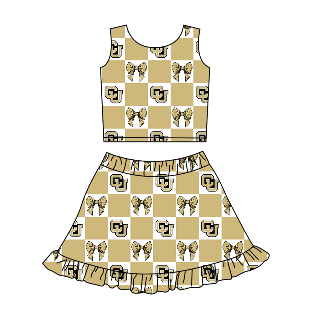 (Custom Design Preorder MOQ 5 Each Color) Team's Colorado Bufaloes Bows Plaid Print Girls Summer Clothes Sisters Matching Wear
