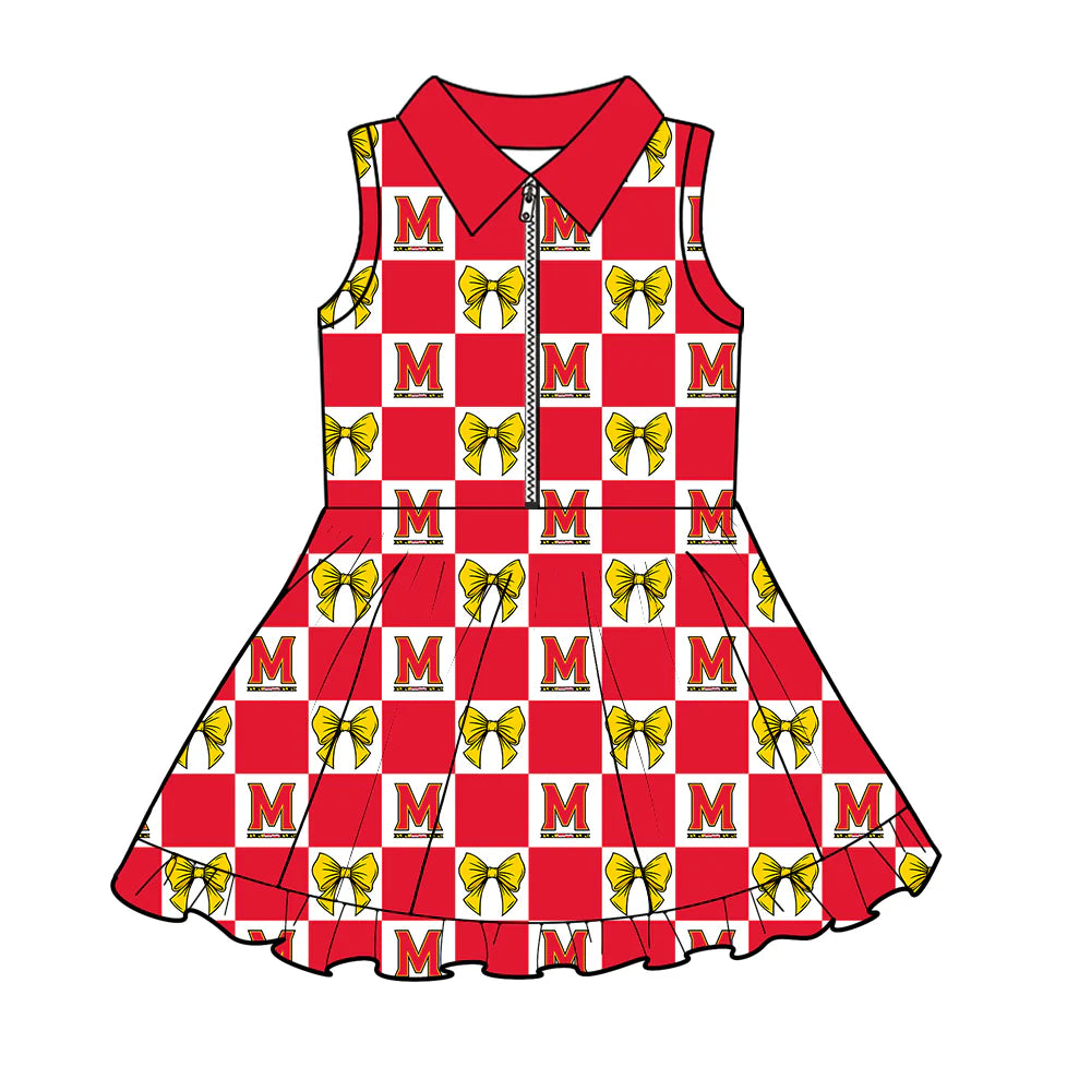 (Custom Design Preorder MOQ 5 Each Color) Team's Maryland Terrapins Bows Plaid Print Girls Summer Clothes Sisters Matching Wear