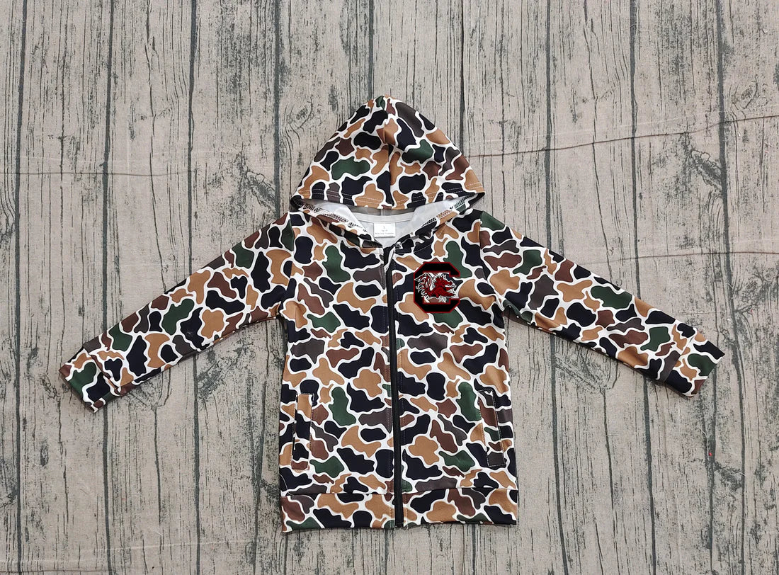 (Custom Design Preorder MOQ 5 Each Item) Team's Gamecock Brown Camo Print Kids Fall Zipper Hoodie Jackets Top Mom and Me Matching Clothes
