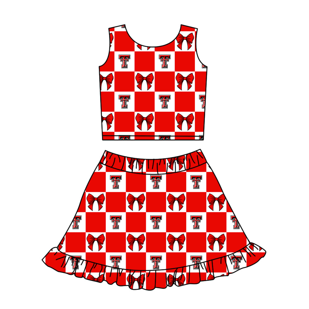 (Custom Design Preorder MOQ 5 Each Color) Team's Texas Tech Red Raiders Bows Plaid Print Girls Summer Clothes Sisters Matching Wear