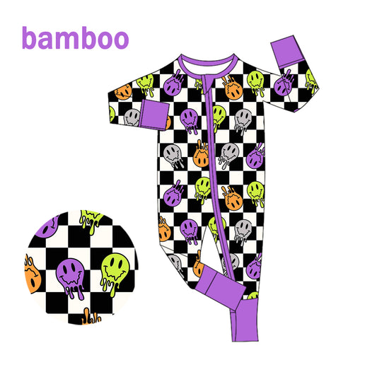 (Custom Design Preorder MOQ 20) Smiling Face Plaid Print Baby Halloween Long Sleeve Bamboo Sleeper Zipper Romper