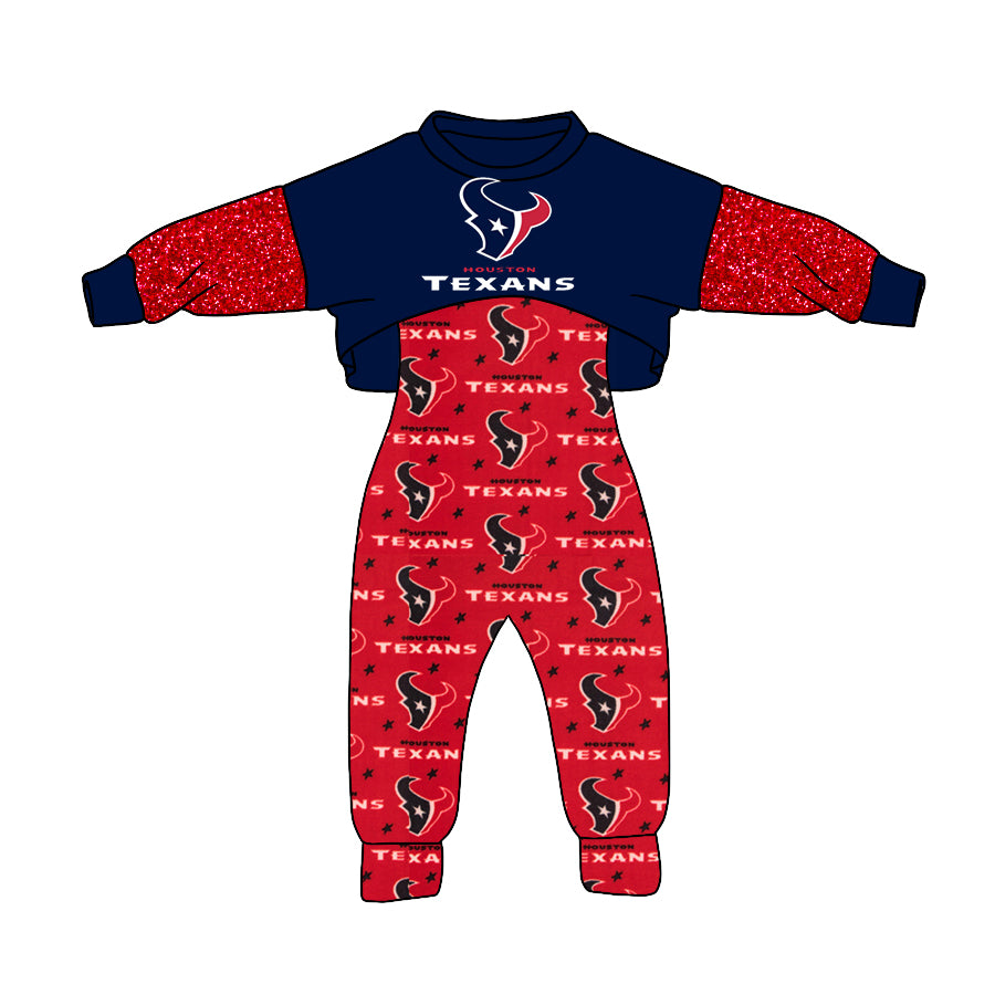 (Custom Design MOQ 5)  NO.23 Navy Red Football Team's Print Girls Jumpsuits Clothes Set