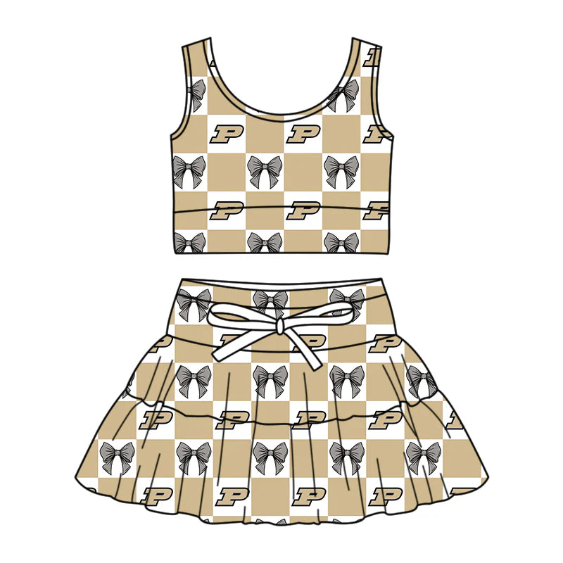 (Custom Design Preorder MOQ 5 Each Color) Team's Purdue Boilermaker Bows Plaid Print Girls Summer Clothes Sisters Matching Wear