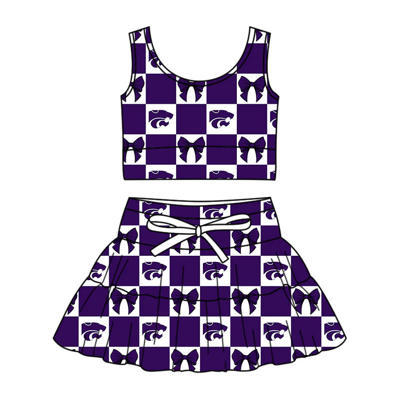 (Custom Design Preorder MOQ 5 Each Color) Team's Kansas Bows Plaid Print Girls Summer Clothes Sisters Matching Wear