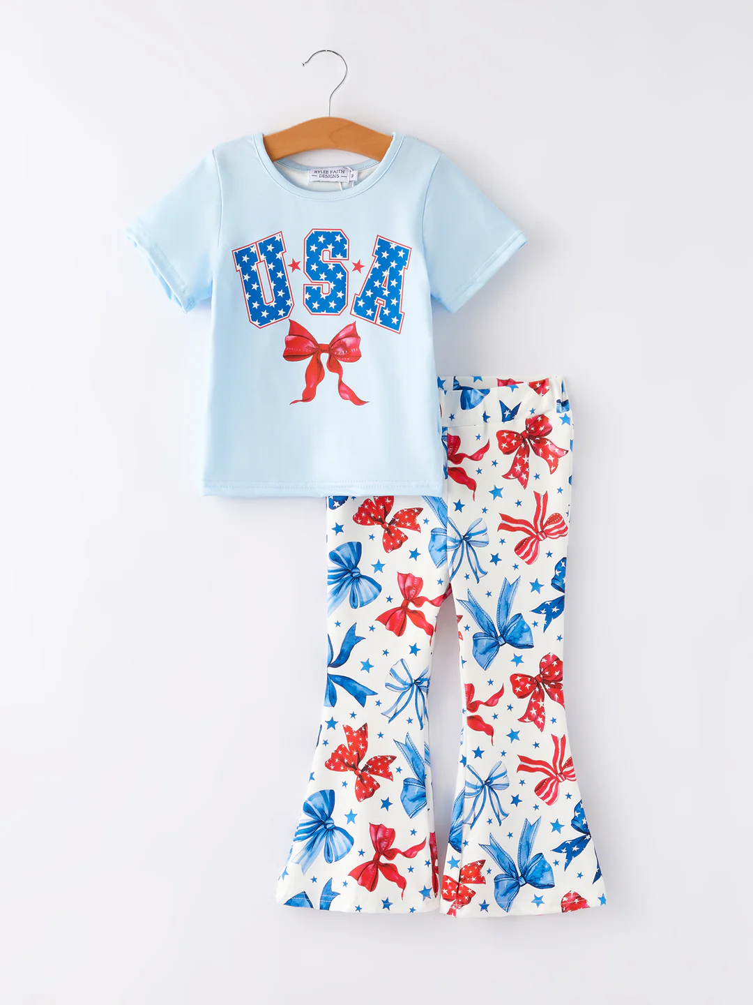 (Custom Design Preorder MOQ 5) USA Top Red Blue Bows Bell Pants Girls 4th of July Clothes Set