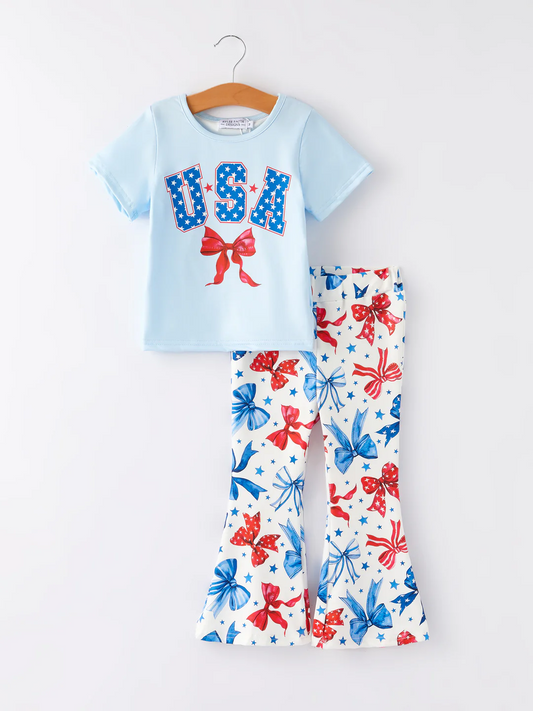 (Custom Design Preorder MOQ 5) USA Top Red Blue Bows Bell Pants Girls 4th of July Clothes Set