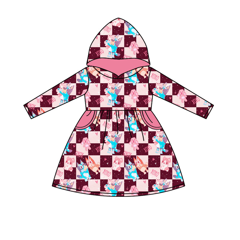 (Custom Design Preorder MOQ 5) Cartoon Dog Print Girls Valentine's Day Knee Length Hoodie Dress