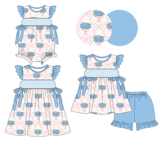 3.8(Custom Design Preorder MOQ 5 Each Design) Blue Flowers Bows Print Girls Summer Matching Clothes Sisters Wear