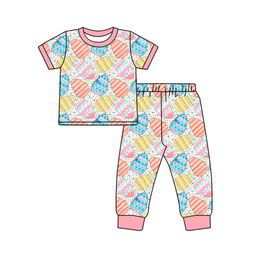 (Custom Design Preorder MOQ 5) Colorful Eggs Print Girls Easter Bamboo Pajamas Clothes Set