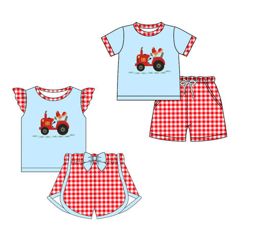 11.18(Custom Design Preorder MOQ 5 Each Design) Tractors Chicken Print Kids Summer Matching Clothes Sibling Wear