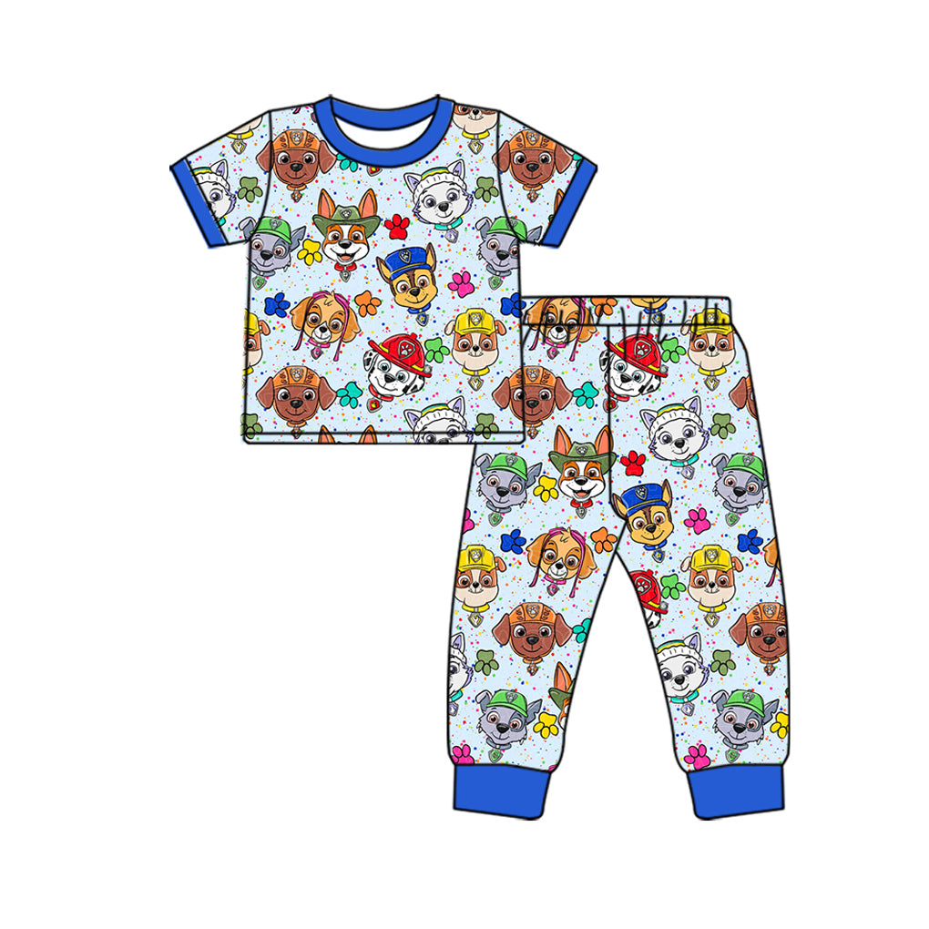 (Custom Design Preorder MOQ 5) Cartoon Dog Blue Print Boys Pajamas Bamboo Clothes Set