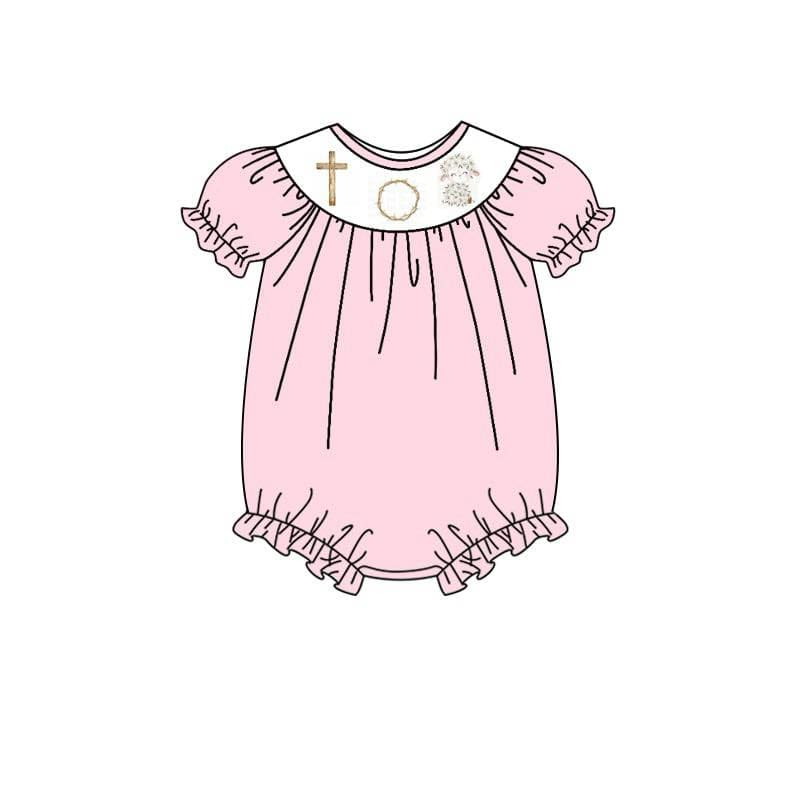 (Custom Design Preorder MOQ 5) Cross Pink Print Baby Girls Easter Romper
