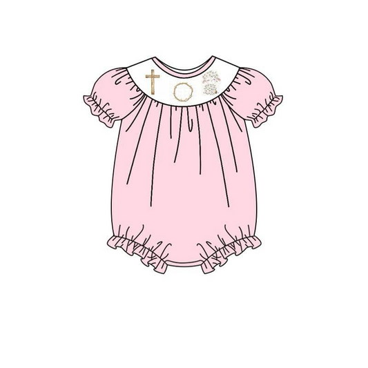 (Custom Design Preorder MOQ 5) Cross Pink Print Baby Girls Easter Romper