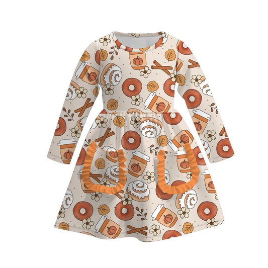 (Custom Design Preorder MOQ 5) Pumpkin Donut Print Girls Knee Length Fall Dress