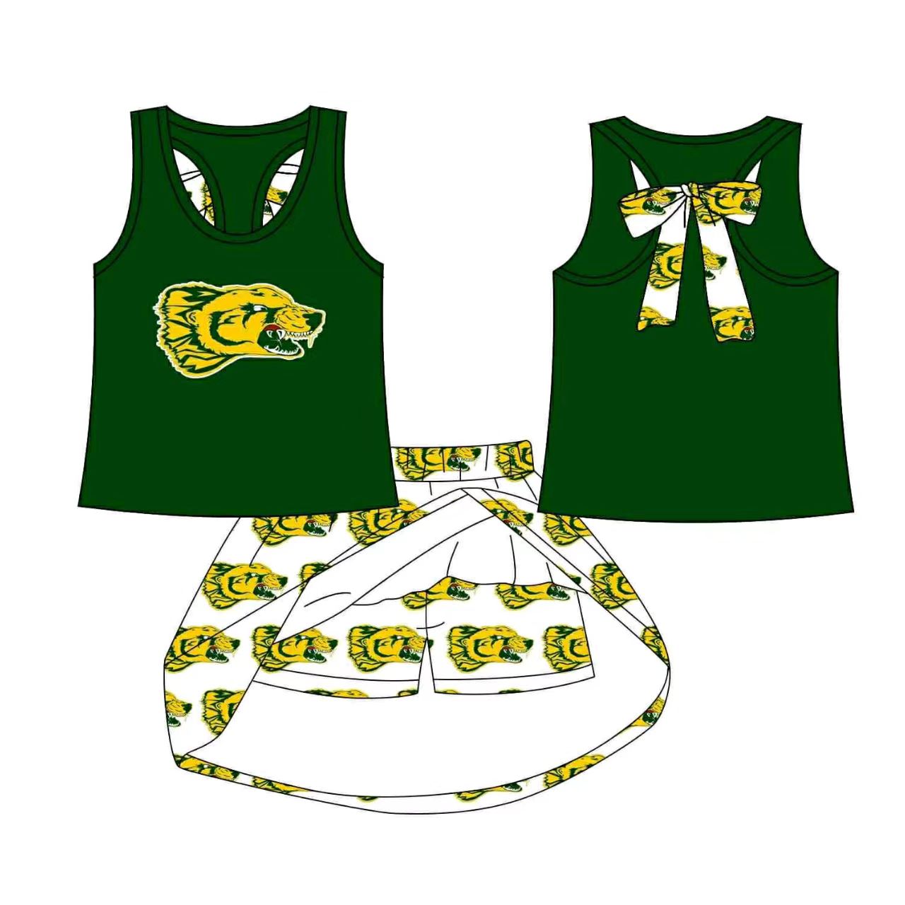 (Custom Design Preorder MOQ 5) Team's Bear Green Top Skirts Shorts Girls Summer Clothes Set