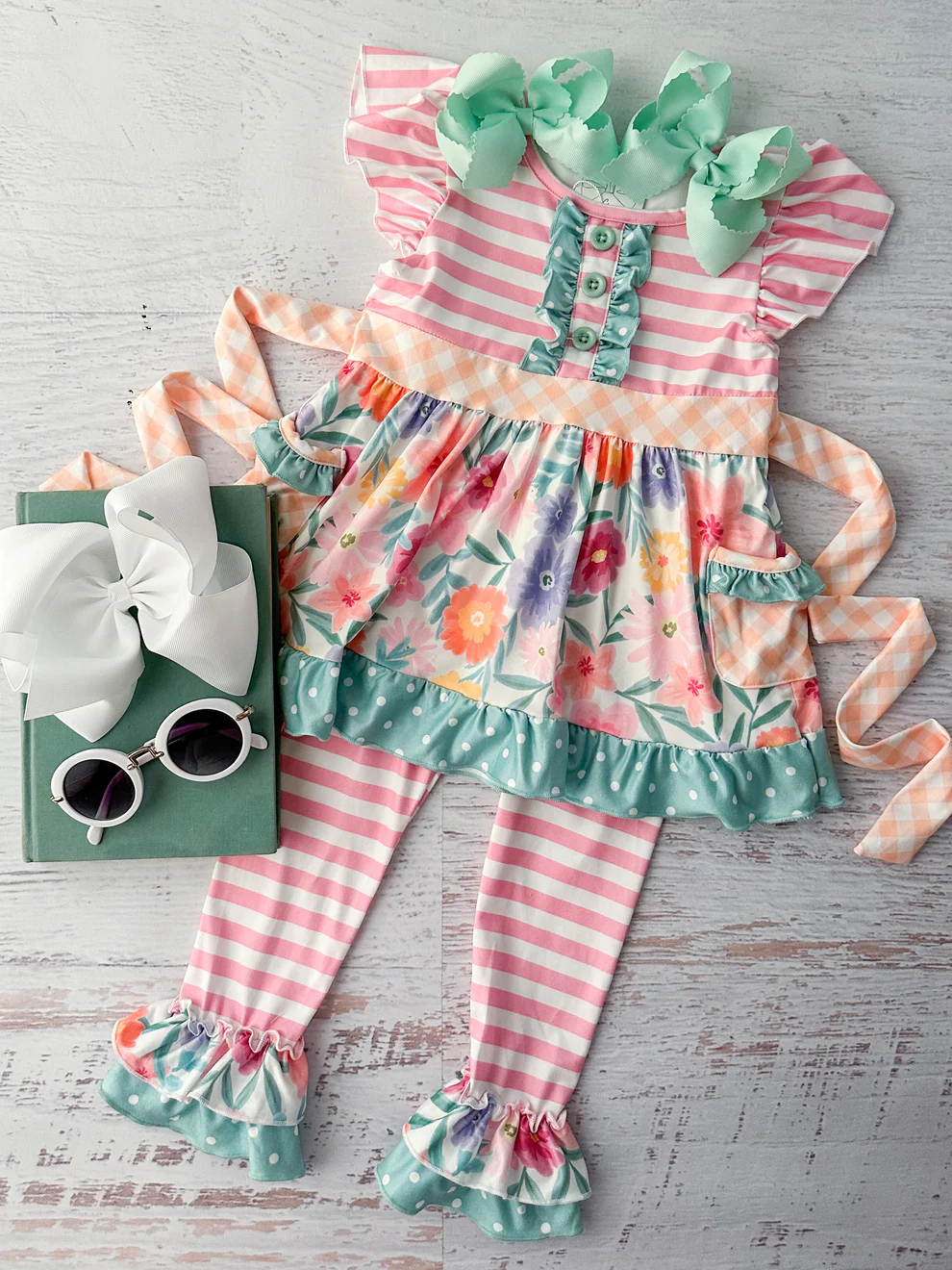 (Custom Design Preorder MOQ 5) Flowers Tunic Pockets Top Stripes Pants Girls Spring Clothes Set