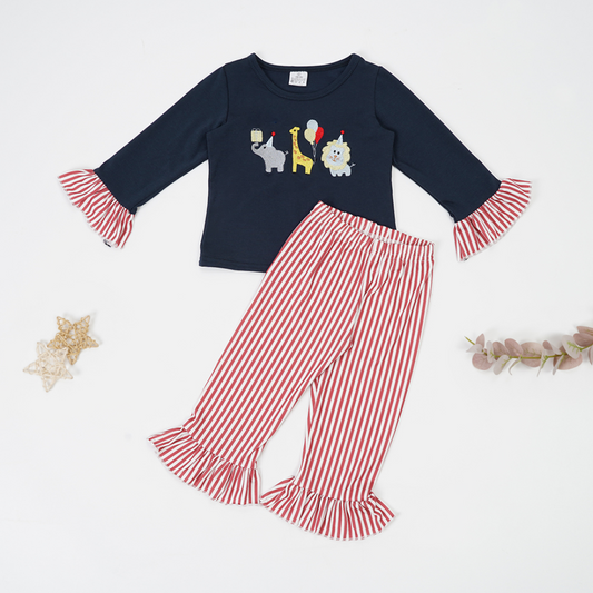 (Custom Design Preorder MOQ 5) Animals Navy Top Stripes Pants Girls Fall Clothes Set