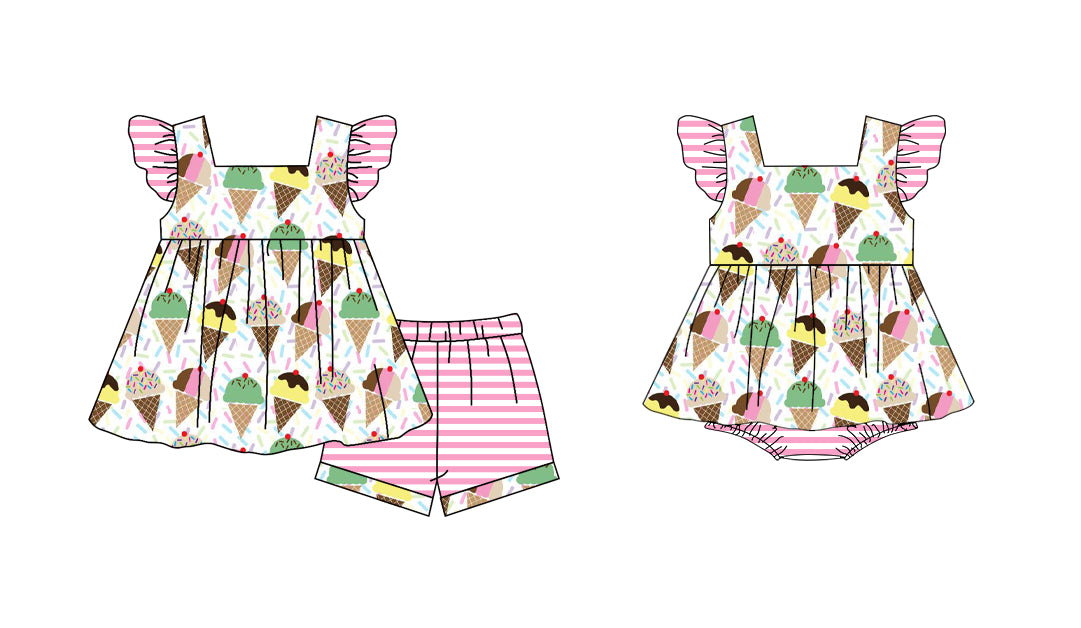 3.10(Custom Design Preorder MOQ 5 Each Design) Ice Cream Print Girls Summer Matching Clothes Sisters Wear