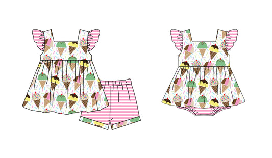 3.10(Custom Design Preorder MOQ 5 Each Design) Ice Cream Print Girls Summer Matching Clothes Sisters Wear