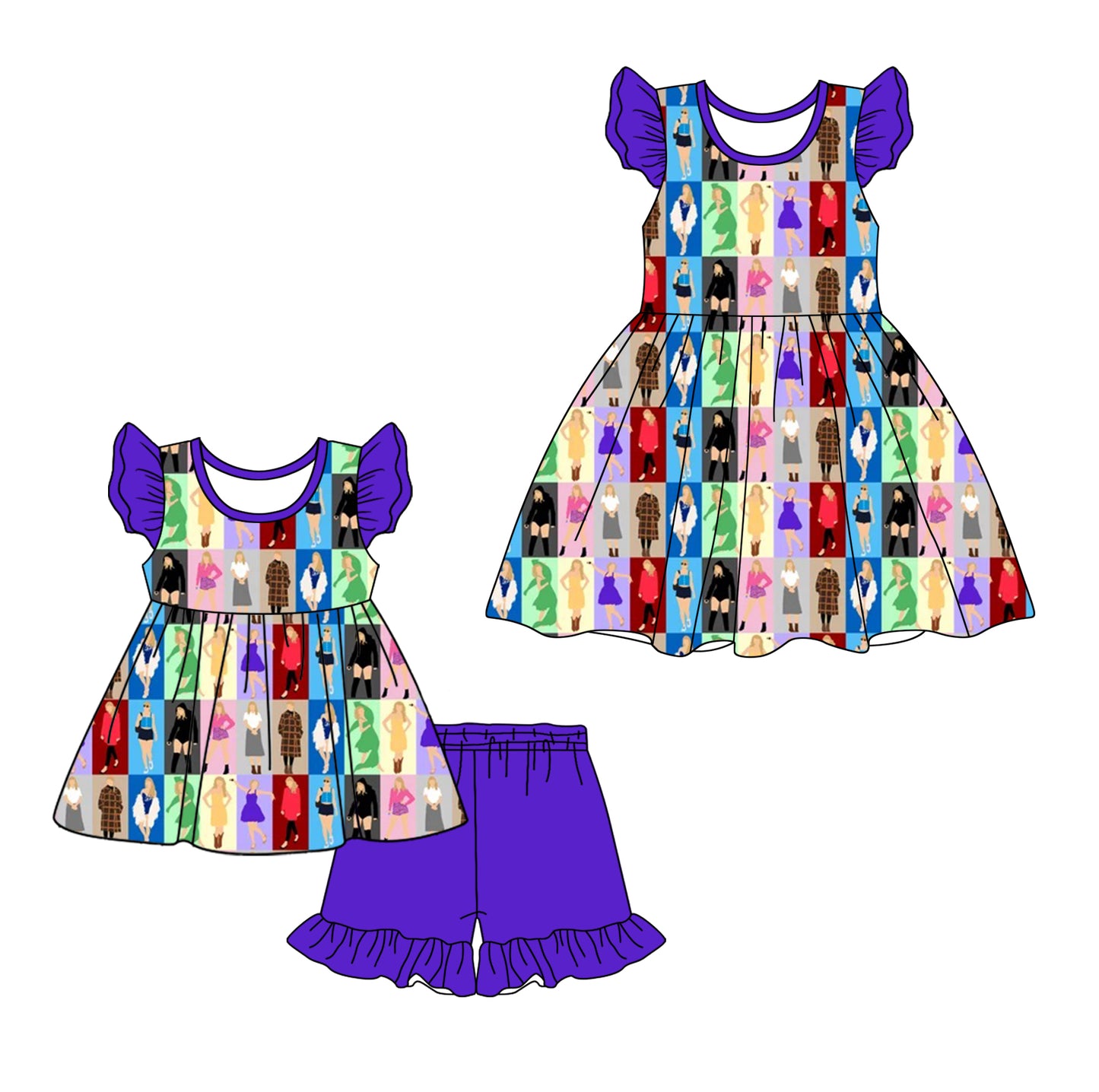12.10(Custom Design Preorder MOQ 5 Each Design) Singer Swiftie Purple Print Girls Summer Matching Clothes Sisters Wear